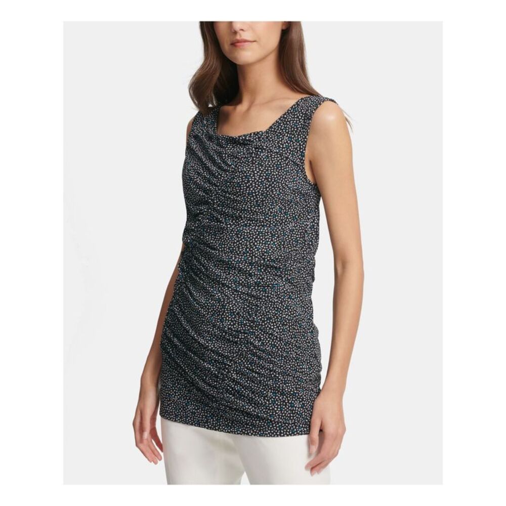 DKNY Womens Black Ruched Printed Sleeveless Jewel Neck Blouse Size: S
